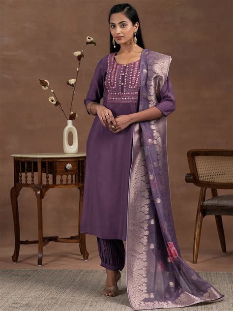 Buy Purple Yoke Design Silk Blend Straight Suit With Dupatta Online at ...