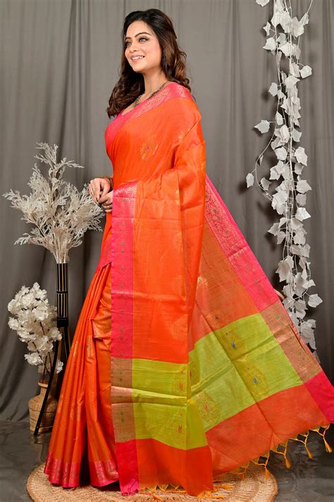 Orange Green Cotton Blend Daymin Hand Loom Saree (1898) | PuJoy Fashion