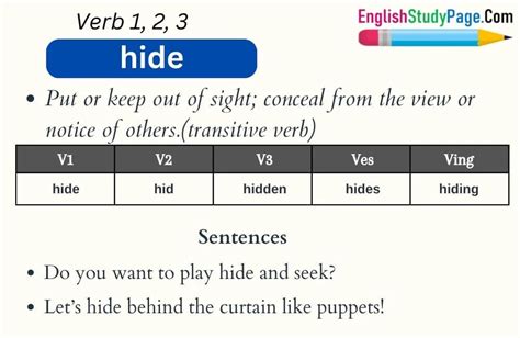 Hide Verb 1 2 3, Past and Past Participle Form Tense of Hide V1 V2 V3 ...