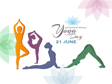Colorful silhouette of women in different yoga pose for International Yoga Day Celebration ...