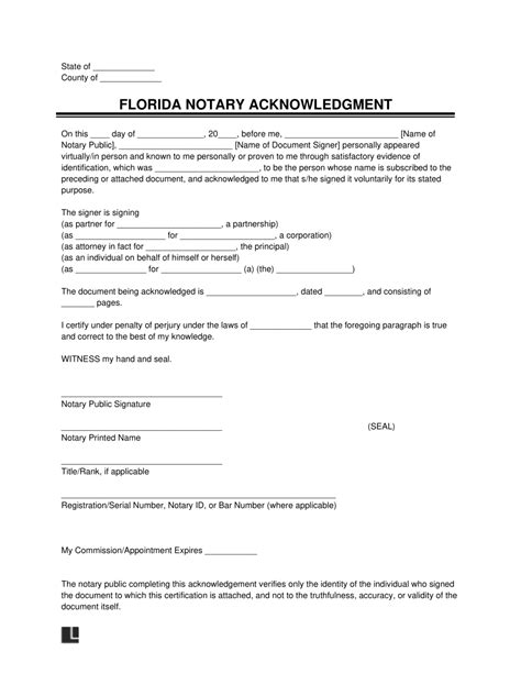 Free Florida Notary Acknowledgment Form | PDF & Word