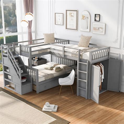 Buy Harper & Bright Designs L-Shape Triple Bunk Beds with Stairs, Desk ...