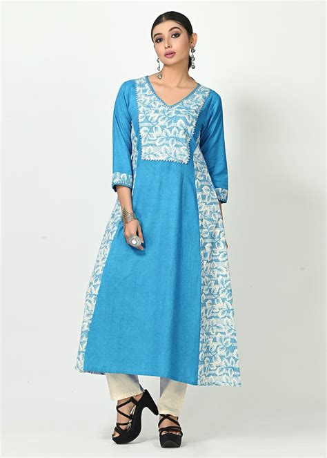 Get Sky Blue Cotton Printed Anarkali Kurta With White Pants Set at ...