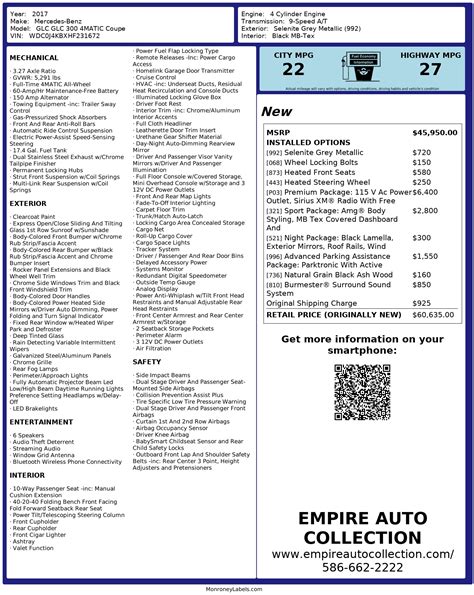 Window Sticker for 2017 Mercedes Benz Glc Glc 300 4 Matic Coupe