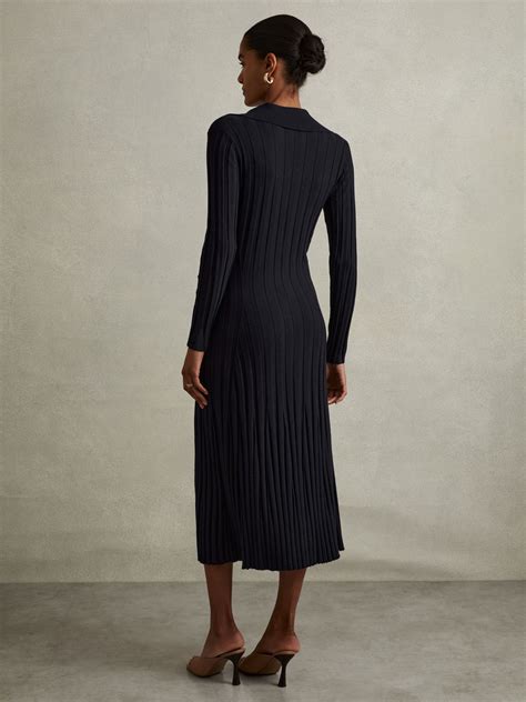 Reiss Knitted Open-Collar Midi Dress in Navy - REISS