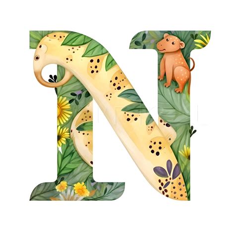 Font design for letter N with exotic animals and leaves Watercolor ...