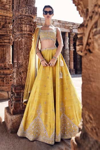 Buy Yellow Silk, Net Pearls, Sequins, Royal Pyramid Dori Work Bridal ...