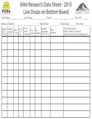 Fillable Online pugetsoundbees Mite research Data Sheet 2015 ...