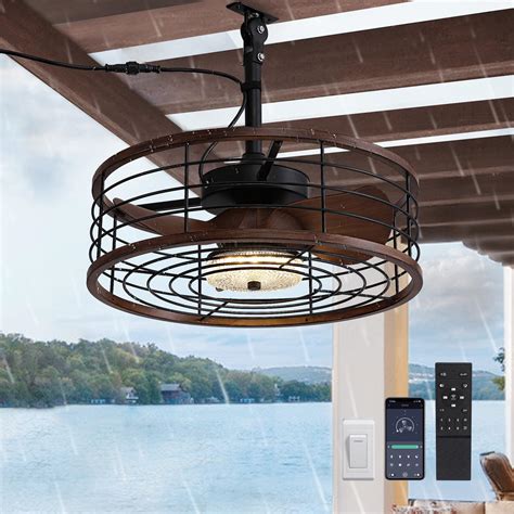 LUDOMIDE Outdoor Ceiling Fan with Light, Waterproof Plug in Caged ...