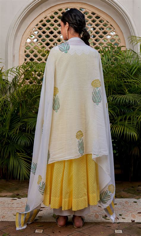 SUKOON YELLOW BLOCK PRINTED ANARKALI WITH PALAZZO AND DUPATTA- SET OF ...