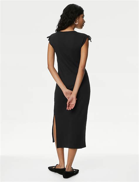 Buy Cotton Rich Round Neck Ruched Midi Column Dress at Marks & Spencer