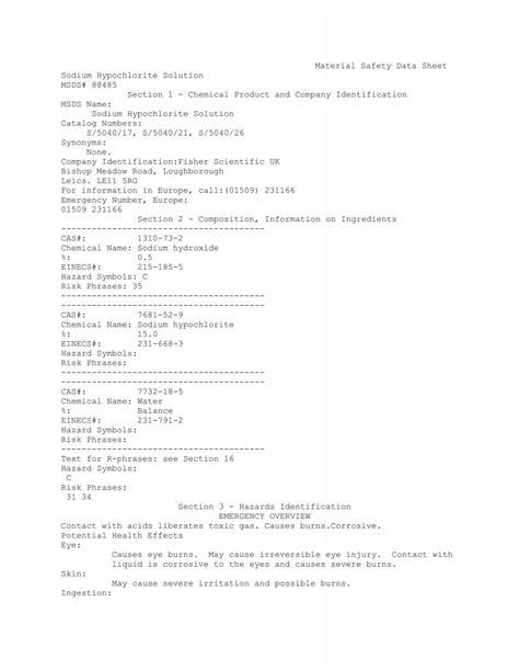 Material Safety Data Sheet Sodium Hypochlorite Solution MSDS ...