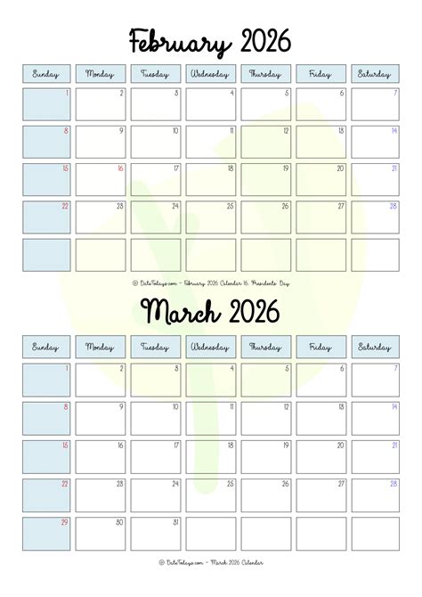 February March 2026 Calendar Printable PDF - 2 Month Calendar