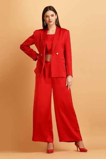 Buy Red Satin Plain Lapel Collar Blazer Trouser Set For Women by LABEL ...