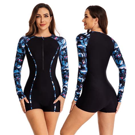 Women's Floral Boyleg 1-Piece Surfing Swimwear Zipper Long Sleeve UPF ...