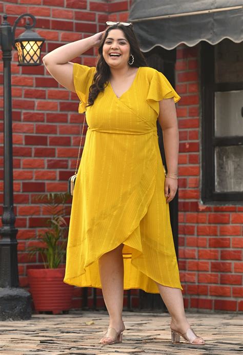 Plus Size Yellow Georgette Wrap Dress – DESINOOR.COM