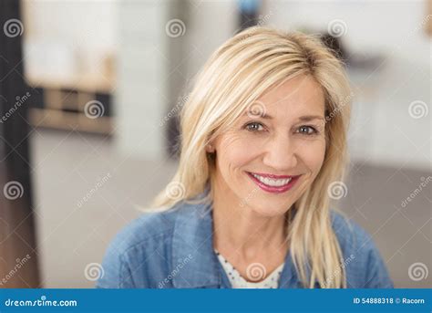 Long-haired Blond Woman Smiling at Camera Stock Photo - Image of ...