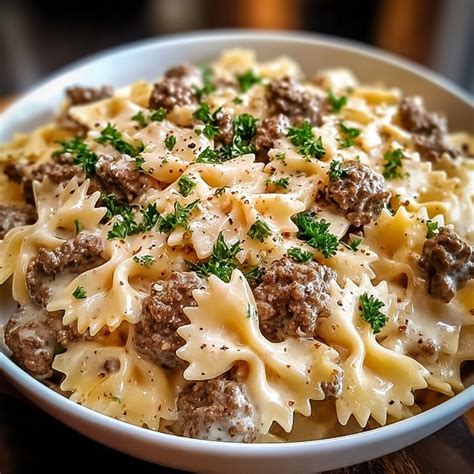 Beef and Bowtie Pasta with Alfredo Sauce