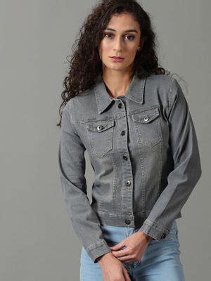 Buy SHOWOFF Womens Solid Grey Spread Collar Regular Denim Jacket Online