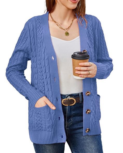 Women's Long Sleeve Cable Knit Sweater Open Front Cardigan Button Loose ...