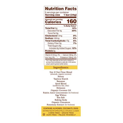 Simple Mills, Soft-Baked Almond Flour Bars, Nutty Banana Bread, 5 Bars ...