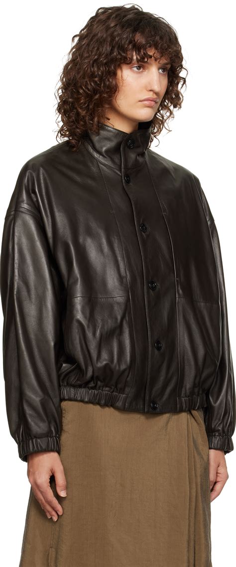 LEMAIRE Brown Stand Collar Leather Jacket Lemaire