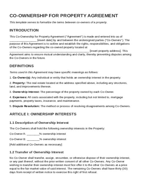 Co Ownership for Property Agreement Template - Blank Fillable Template ...