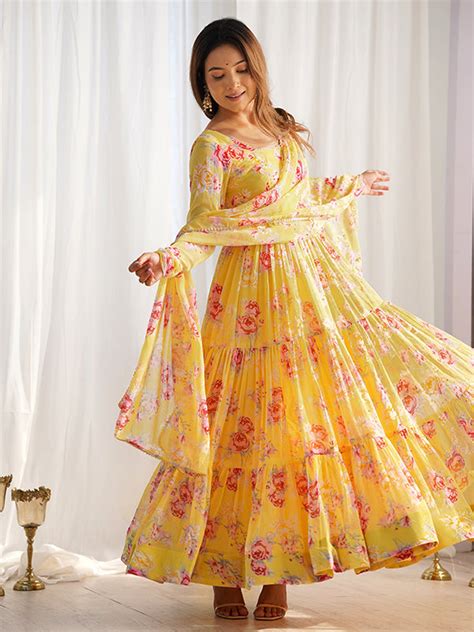 Yellow Layered Flower Printed Anarkali Gown With Pant & Dupatta Set ...