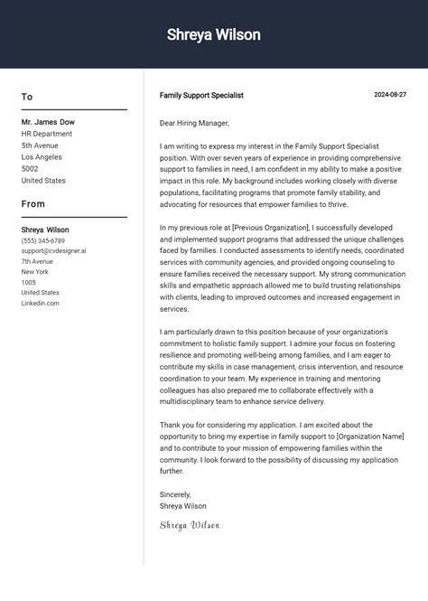 Family Support Specialist Cover Letter Example for 2024: Expert Tips ...