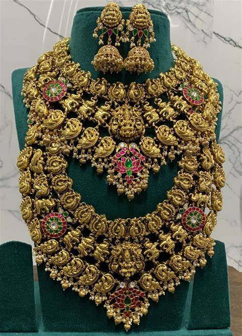 Exquisite antique gold plated traditional Indian temple haram necklace ...