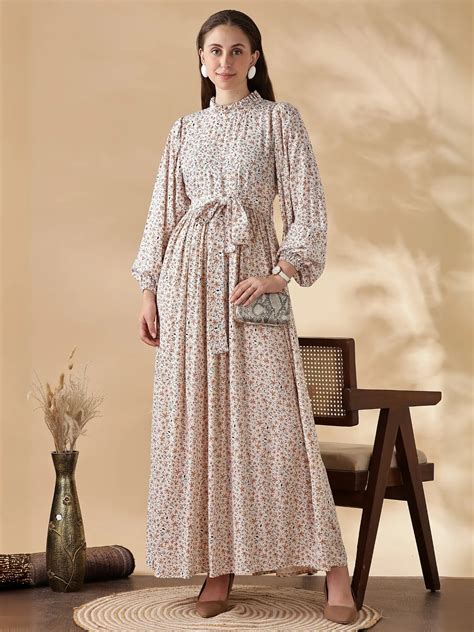 Yezwe Floral Maxi Dress - Modest Long Sleeve Dress in Beige | YEZWE