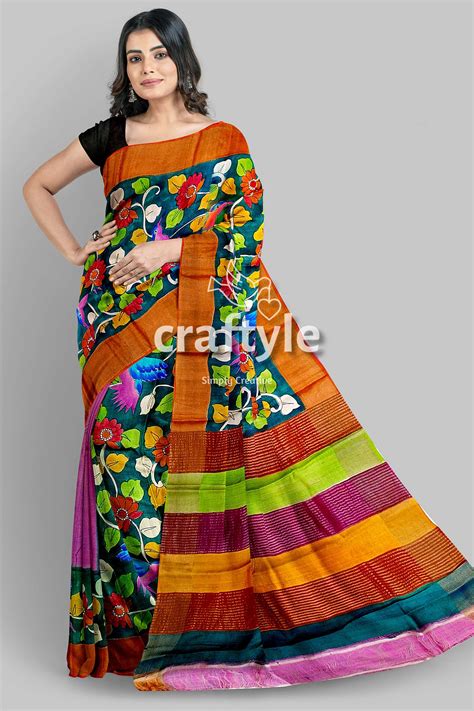 Floral and Bird Motif Pure Tussar Kalamkari Sari with Zari Border ...