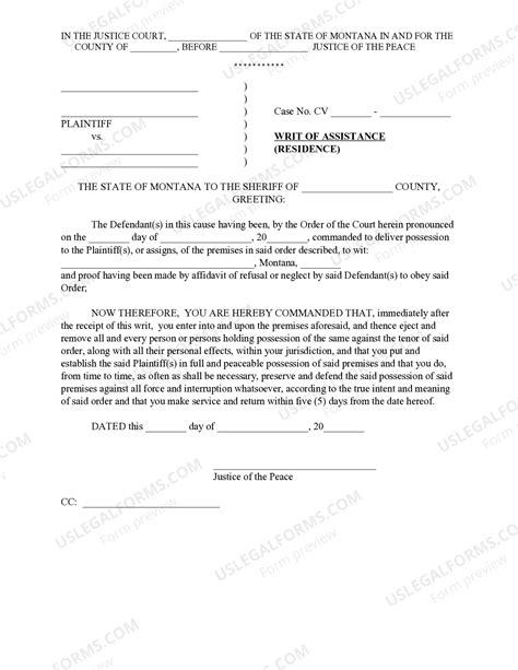 Montana Writ of Assistance for Residential Eviction | US Legal Forms