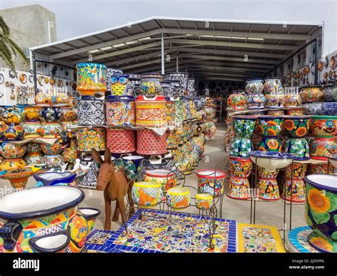 Mexican talavera flower pots and products, Baja California Stock Photo ...