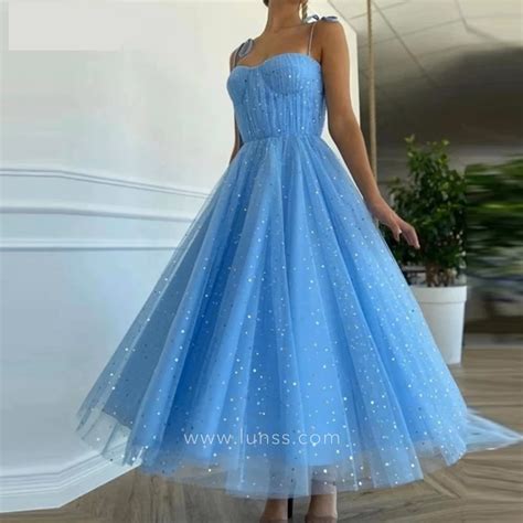 Star & Moon Glitter Blue Tulle Ankle Length Prom Dress - Lunss