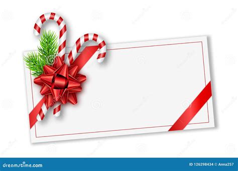 Holiday Christmas Gift Card with Red Bow, Fir Tree Branches and Candy ...