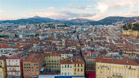 Beautiful panorama of English Promenade in Nice France. Palm trees, old ...