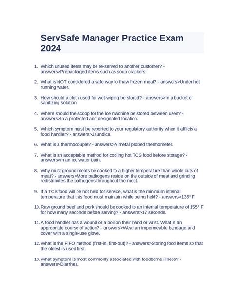 ServSafe Manager Practice Exam 2024 | Exams Nursing | Docsity