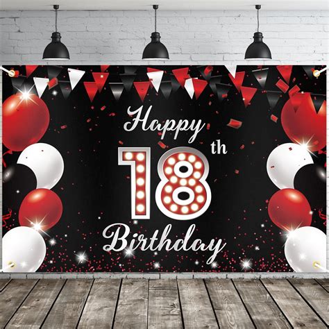 Happy 18th Birthday Banner, Red Black Happy 18th Birthday Party ...