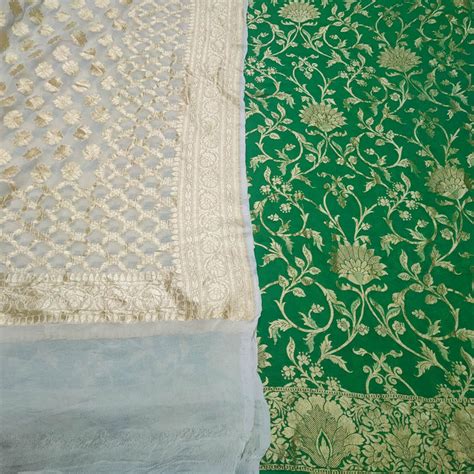 Green and White Handloom Georgette Silk Banarasi Suit – Mohsin Textiles