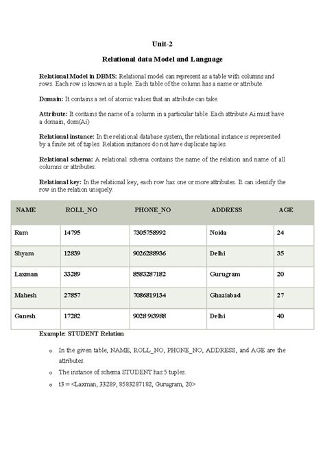 Unit-2 Notes: Relational Data Model & SQL Concepts in DBMS - Studocu