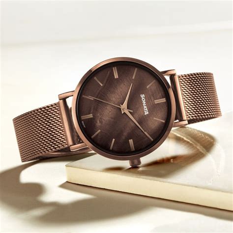 Buy Online Sonata Quartz Analog Brown Dial Brown Stainless Steel Strap ...