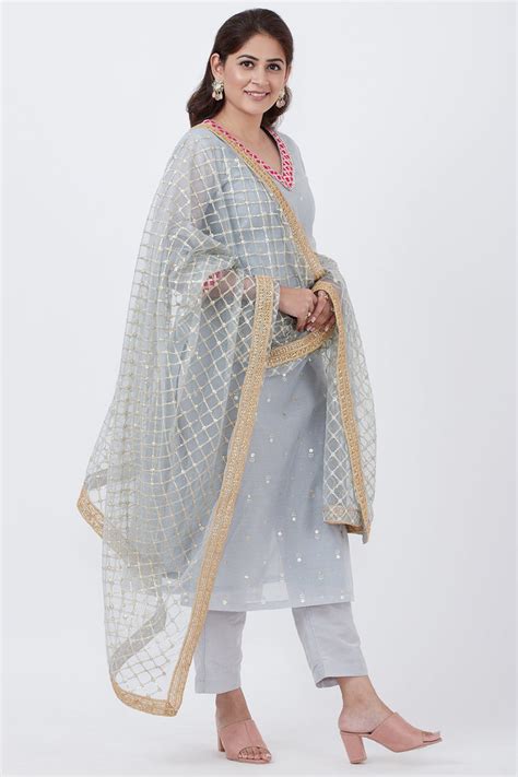 Sky Gray Foil Printed Kurti with Pants and Gray Net Sequins Criss Cros ...