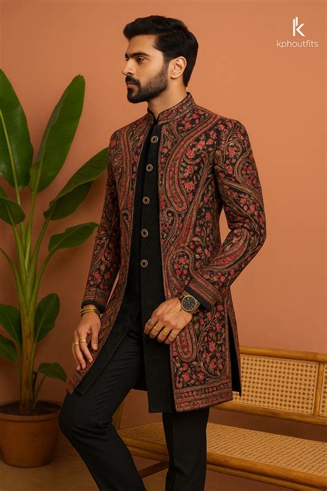Men's Exclusive Black Kalamkari Embroidered Indo-Western Set- KPH Outf ...
