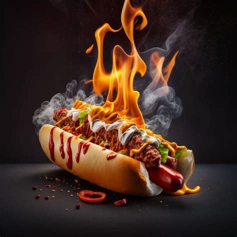 Flaming Hot Dog with Chili, Mustard, and Ketchup