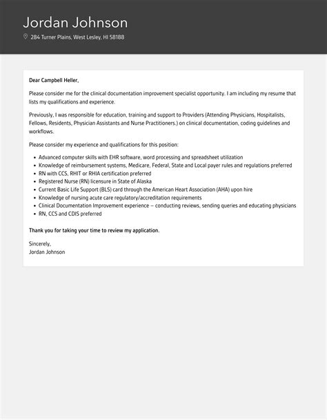Clinical Documentation Improvement Specialist Cover Letter | Velvet Jobs