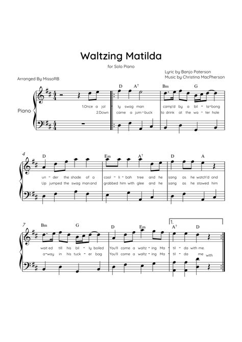 Waltzing Matilda - Solo Piano in D Major With Lyrics & Chords (arr ...
