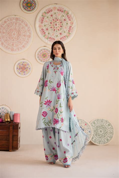 Cloud Blue Aari Kurta Set with Dupatta & Farshi Salwar | Koshur India