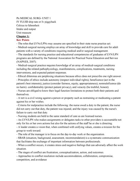 Pn Medical SURG- UNIT 1-2 - Pn MEDICAL SURG- UNIT 1 IV FLUID drip rate or Iv piggyback Celsius ...