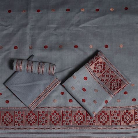 Grey Assam Handloom Silk Cotton Mekhela Chador with Blouse Piece